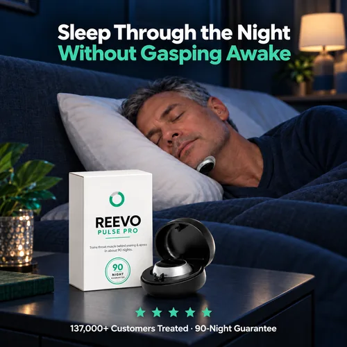 Man sleeping peacefully wearing Reevo Pulse Pro under the chin, with the box and charging case on the nightstand